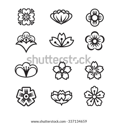 Japanese flower icons set