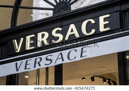 Berlin, Germany - April 26, 2016: Versace sign displayed at the facade of a store. Gianni Versace SpA is a world famous Italian luxury fashion company and trade name founded by Gianni Versace in 1978