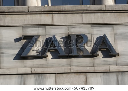Berlin, Germany - April 26, 2016: Zara sign. This textile company, through its network of stores and online, sells worldwide low-priced clothing, accessories and footwear for men, women and children