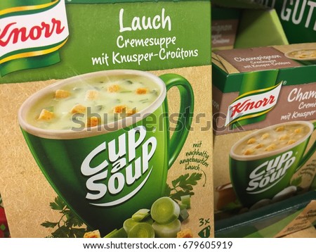 Berlin, Germany - May 6, 2017: Knorr products on supermarket shelf. Knorr is a German food and beverage brand. It is owned by the English-Dutch company Unilever since 2000