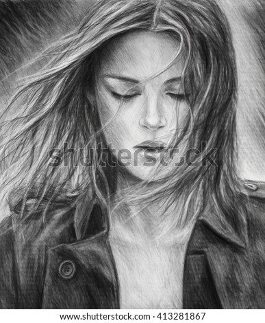  Girl Pencil Drawing Charcoal Drawing Blackandwhite Stock 