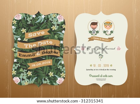 Rustic Wedding Invitation Card Cartoon Bride And Groom On Wood Background Rustic Wedding Invitation Card Cartoon Bride And Groom On Wood Background
