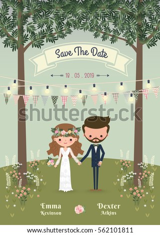 Rustic Bohemian Cartoon Couple Wedding Invitation Card In The Forrest Chic And Romantic Rustic Bohemian Cartoon Couple Wedding Invitation Card In The Forrest Chic And Romantic