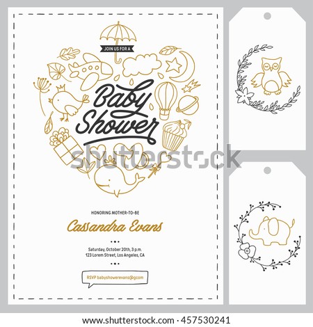 Baby shower invitation templates set. Floral design elements for decoration. Baby shower holiday greeting cards. Hand drawn vintage illustration.