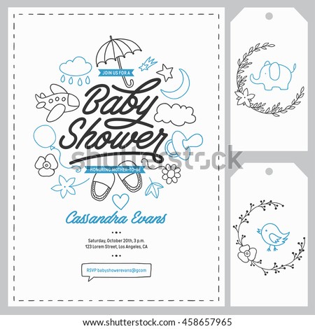 Baby shower invitation templates set. Floral design elements for decoration. Baby shower holiday greeting cards. Hand drawn vintage illustration.