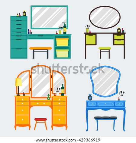Cute colorful set of flat dressing tables with girl's things, mirror, perfume, lipstick, cosmetic. Isolated interior objects for dressing woman room. Furniture for feminine boudoir vector illustration