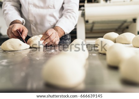 Baker kneading dough in a bakery. Bakery Concept.