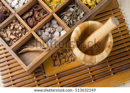 Chinese Herbal Medicine in box on table.