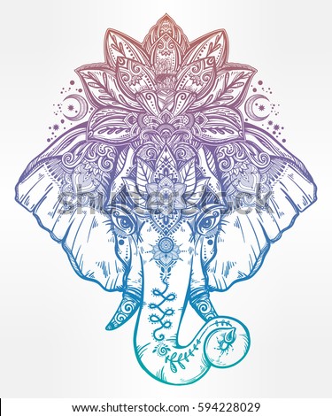 Vintage style vector elephant with with ornate lotus mandala crown, Ideal ethnic background, tattoo art, yoga, Indian, Thai, spirituality, boho design. Use for print, posters, t-shirts, textiles