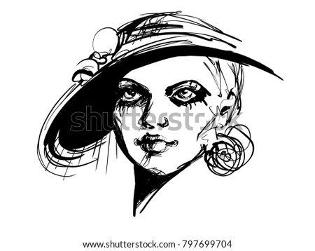 Pencil Sketch Woman Portrait Vintage Hat Stock Illustration 797699704 ...