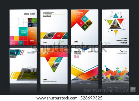 Business vector set. Brochure template layout, cover design annual report, magazine, flyer in A4 with colourful geometric shapes, squares, triangles, arrows for IT, business, building. Abstract