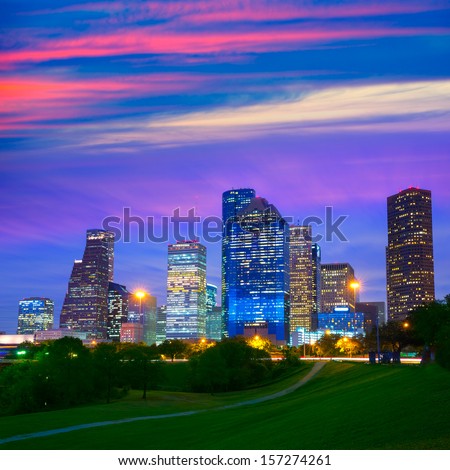 Lawn And Landscape American Lawn And Landscape Houston   Stock Photo Houston Texas Modern Skyline At Sunset Twilight From Park Lawn 157274261 