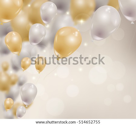 Vector realistic balloons flying in the air. Gold and silver helium ballons, blurred bokeh, sparkles. Birthday, party celebration concept.