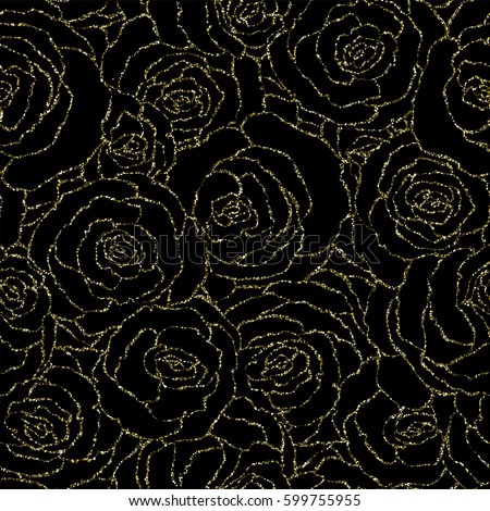 Seamless pattern with vector gold glitter roses. Vector illustration of a silhouette of a flower, consisting of sequins or glitter. Gold decoration background, glamour shiny texture with gold sparkles