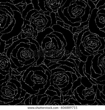 Seamless pattern with vector silver glitter roses. Vector illustration of a silhouette of a flower, consisting of sequins or glitter. Glittering decoration background, glamour shiny texture