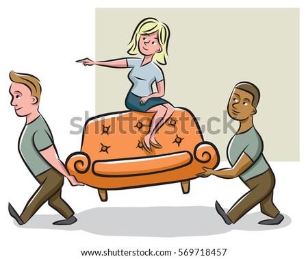 A Homeowner Interior Decorator Points In The Direction Where Delivery Men Movers Should A Homeowner Interior Decorator Points In The Direction Where Delivery Men Movers Should