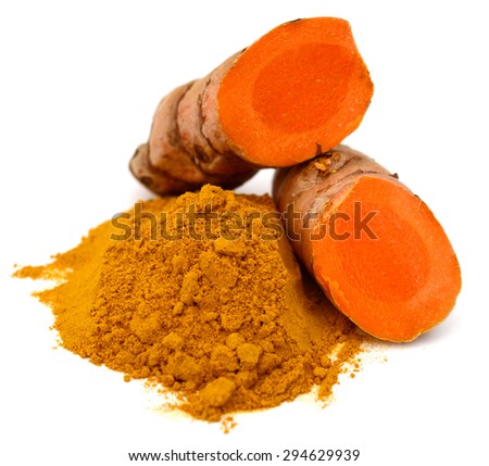 Turmeric and turmeric powder on white background