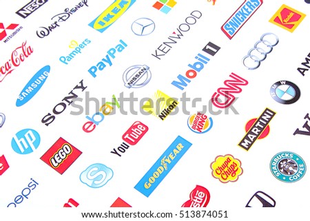 ZAPOROZHYE, UKRAINE - NOVEMBER 11, 2016: Photo of a logotype collection of well-known world brand's printed on paper. Include Coca-Cola, Canon, Pepsi, Twitter, Apple and more others logo.
