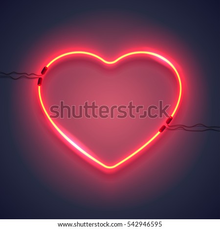 Bright heart. Neon sign. Retro neon heart sign on purple background. Design element for Happy Valentine's Day. Ready for your design, greeting card, banner. Vector illustration.