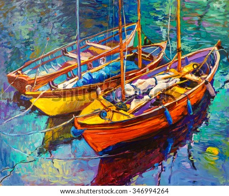 Original Oil Painting On Canvas Boats Stock Illustration 346994264