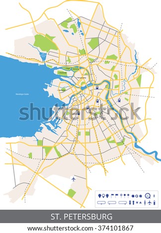 Stock Vector Vector Color Map Of The Centre Of St Petersburg Russia With Main Roads And Railways All Objects 374101867 