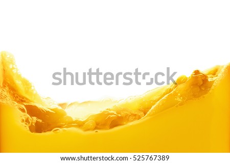 Orange juice splash isolated on white background. Healthy fresh drink, wave with drop