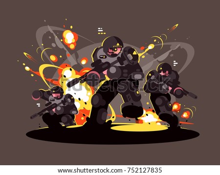 Military infantry soldiers in battle. Dangerous explosions and shots. Vector illustration