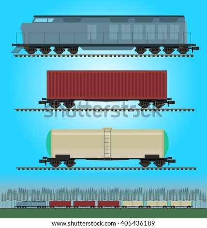 Set of freight train cargo cars. Container, tank, hopper and box 