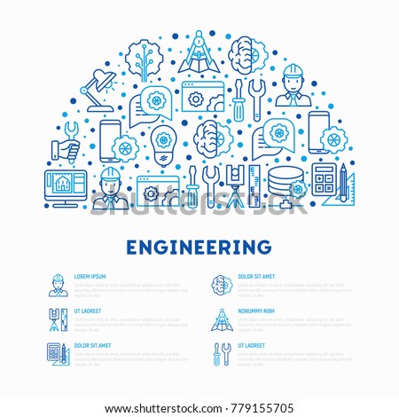 Engineering concept in half circle with thin line icons: engineer, electronics, calculations, tools, repair, idea, it server. Modern vector illustration for web page, banner, print media.