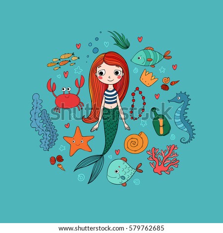Marine illustrations set. Little cute cartoon mermaid, funny fish, starfish, bottle with a note, algae, various shells and crab. Sea theme. Vector.