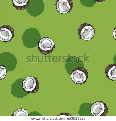 Seamless pattern with coconuts on pastel green background with green backdrops. Hand drawn vector illustration.