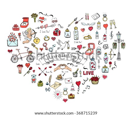 Hand drawn doodle Love and Feelings collection Vector illustration Sketchy Love icons Big set of icons for Valentine's day, Mothers day, wedding, love and romantic events Hearts hands cupid bouquet
