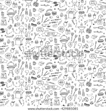 Seamless background Hand drawn doodle BBQ party icons set. Vector illustration summer barbecue symbols collection Cartoon various meals, drinks, food ingredients and decoration elements Sketch