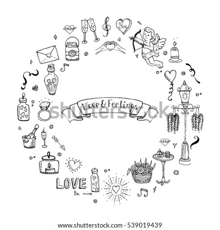 Hand drawn doodle Love and Feelings collection Vector illustration Sketchy Love icons Big set of icons for Valentine's day, Mothers day, wedding, love and romantic events Hearts hands cupid bouquet