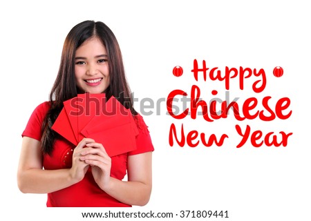 Happy Chinese New Year background design with image of cute smiling Asian girl holding red envelopes, isolated on white