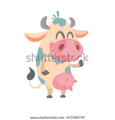 Cartoon cute white spotted cow standing and laughing. Vector illustration of a cow icon mascot isolated on white. Great for print, banner or children book