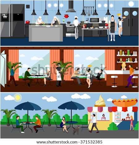 Vector banner with restaurant interiors. Kitchen, dining room and street cafe. Vector illustration in flat design.