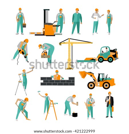 Vector set of construction workers isolated on white. People work on construction site Icons in flat style.
