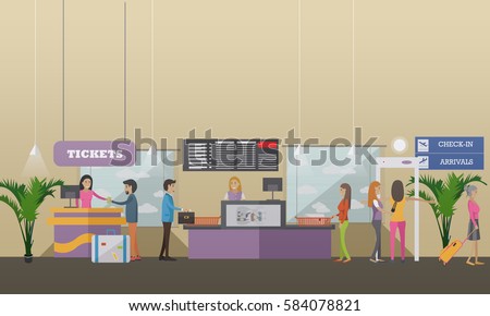 Vector illustration of passengers going through check-in counters at the airport. Ticket counter, baggage check-in, metal detector. Airport terminal concept design element in flat style.