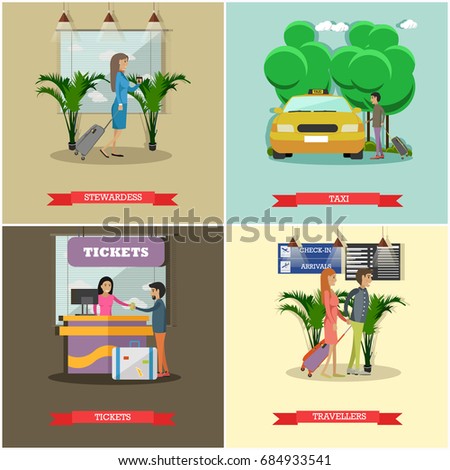 Set of airport concept posters, banners. Stewardess, Taxi, Tickets and Travellers design elements in flat style.