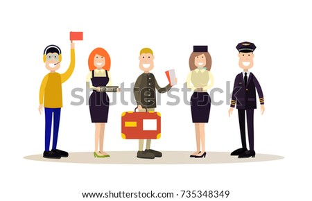 Vector illustration of pilot, stewardess, ramp agent, ticket agent and passenger with luggage. Airport people flat style design element, icon isolated on white background.