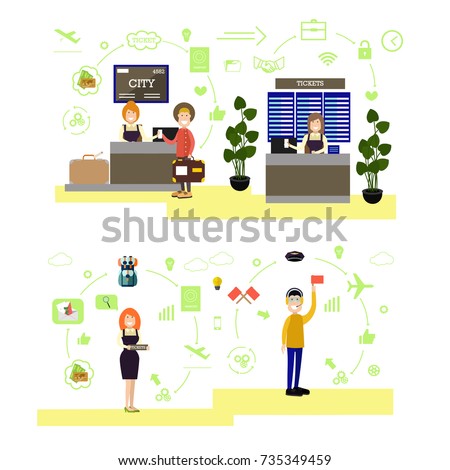 Vector illustration of airport ticket counter, ramp agent and passengers. Airport people symbols, icons isolated on white background. Flat style design.