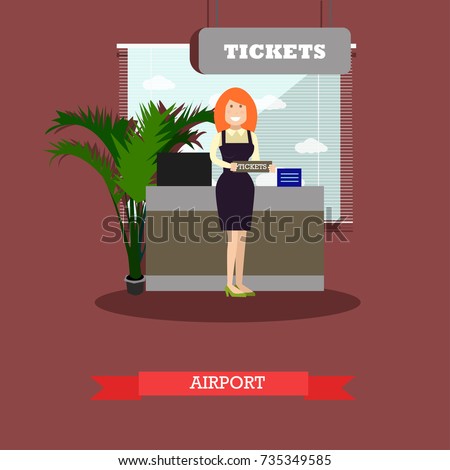 Airport concept vector illustration in flat style. Ticket agent standing in front of ticket counter flat style design element.