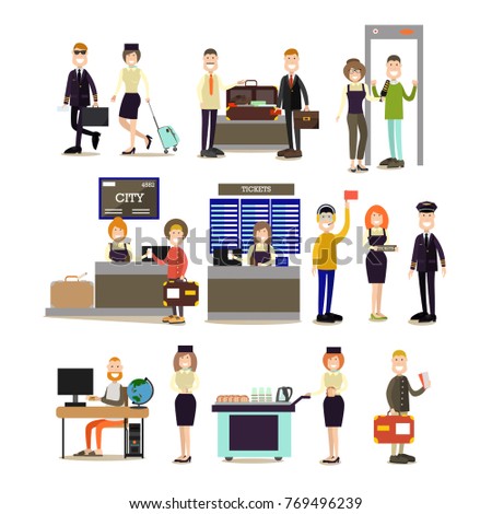 Airport people vector icon set with pilot, stewardess, ticket counter, ramp agent and passengers making online ticket reservation, passing security checkpoint at airport terminal. Flat style design.