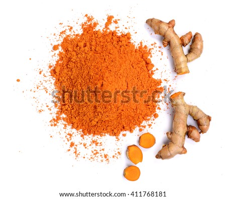 top view Turmeric roots and turmeric powder on white background