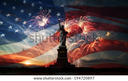 Statue of Liberty on the background of flag usa, sunrise and fireworks