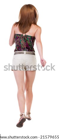 stock photo back view of running woman white shorts beautiful blonde girl in motion backside view of person 215796559