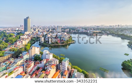 In Hanoi, Vietnam, 28th September, 2015: Urban development capital Hanoi with large beside lakes skyscraper architecture as a luxury resort perfect for watching sunset at West Lake, Hanoi, Vietnam