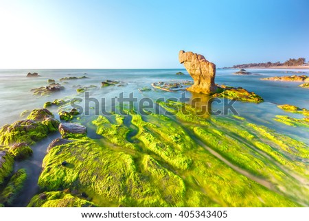 Dawn on beach from path mossy rocks overlooking large stone overlooking sea with smooth waves to welcome early sunshine very suitable for resort and tourism in Binh Thuan , Vietnam