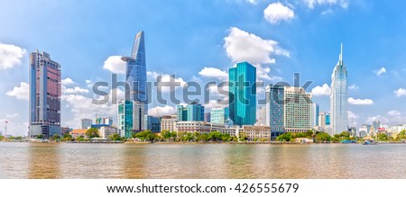 Ho Chi Minh City, Vietnam - January 19th, 2016: Skyscrapers along river with architecture office towers, hotels, center cultural and commercial development country most in Ho Chi Minh city, Vietnam